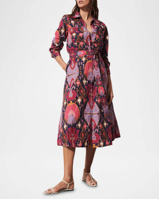 Bassa Printed Long-Sleeve Belted Midi Shirtdress